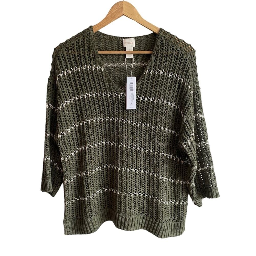 Chico's Shine Striped Charlotte Pullover Loose Knit Sweater Knit green M NEW